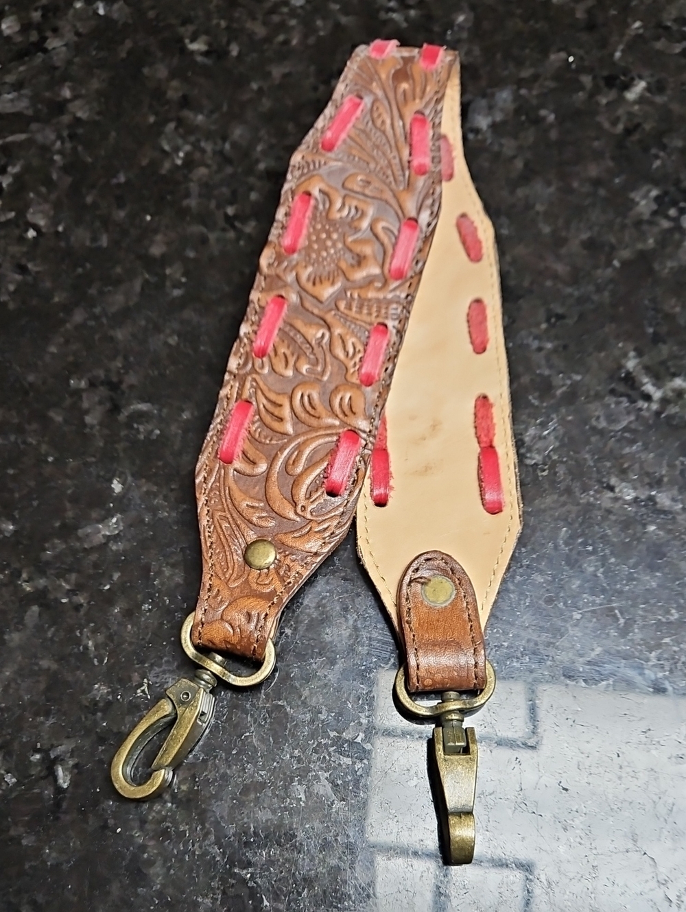 Tooled Brown Leather Key & Card Holder Strap with Pink Accent